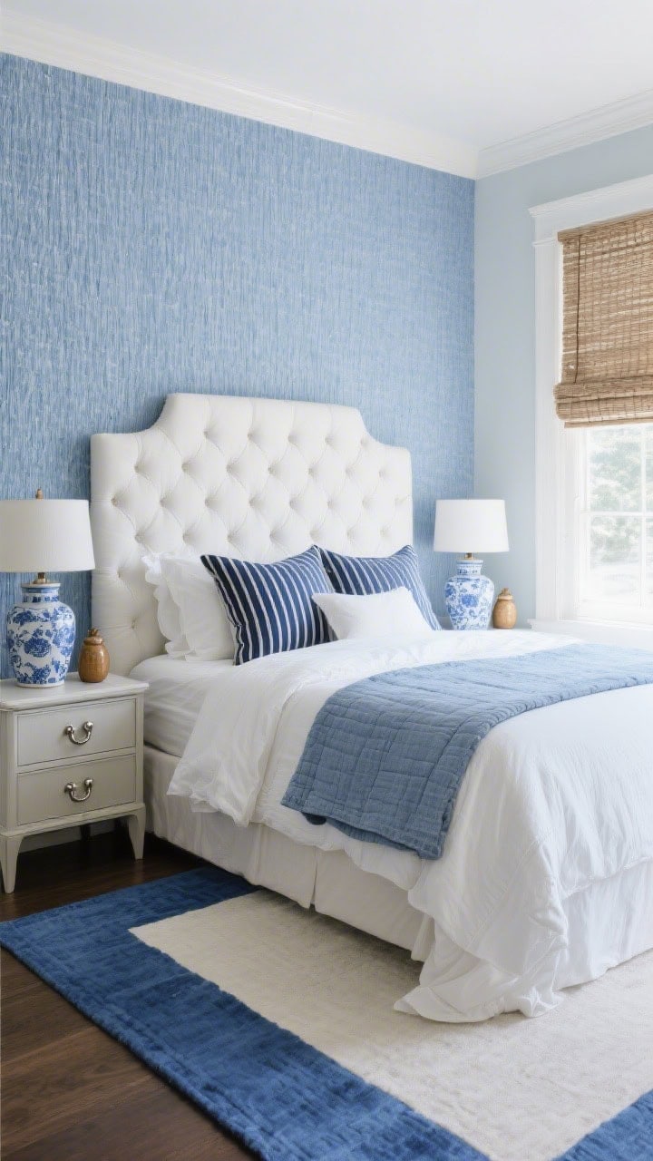 Straight-on medium shot, photorealistic “Serene Blue-And-White Classic”: walls in pale Delft blue (or show a blue grasscloth accent wall behind the bed), tufted white linen headboard, percale sheets with a chambray quilt folded at the foot, navy pinstripe pillows, ginger jar lamps on nightstands, blue-and-white pottery accents, woven Roman shades at the window, and a blue border rug framing the floor; polished nickel hardware glinting; cool, timeless freshness with even daylight.