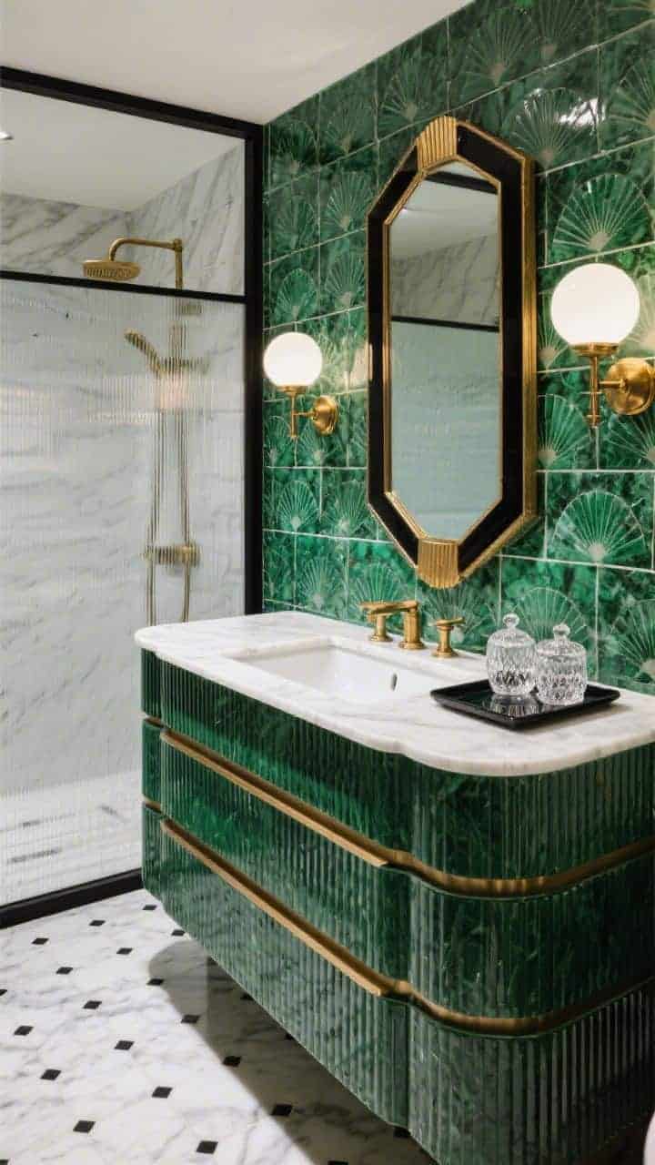 Straight-on medium shot with Art Deco elegance: emerald-green marble (or lookalike) vanity, fan-patterned tile feature wall in the shower area, opaline globe sconces in aged brass flanking a black-and-brass framed mirror with deco corners, ribbed-front vanity with stepped edges, white marble floor inset with small black dots for a chic hotel vibe, a lacquered tray with cut-crystal jars on the counter; balanced, glamorous lighting, photorealistic.