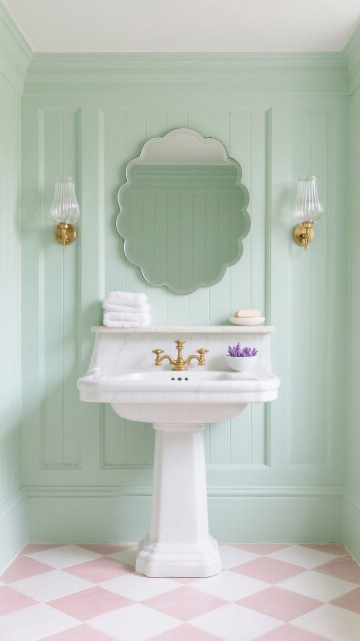 Straight-on medium shot with patisserie pastels: mint green painted paneling, a blush-and-white checkerboard tile floor, and a crisp white pedestal sink; soft brass hardware throughout, fluted glass sconces flanking a round scalloped mirror; fluffy white towels and a small bowl of lavender soaps on the sink ledge; photorealistic, airy sweetness.