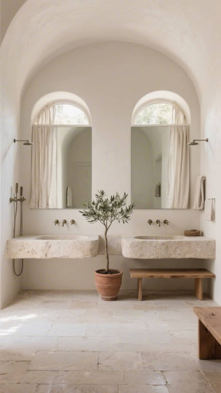 Symmetrical medium shot of a serene “modern monastery” bath: unfilled limestone tiles on floors and shower; a double stone trough sink with wall-mount taps; twin arched mirrors perfectly aligned; simple linen café curtains at the window; a single olive tree in a clay pot and a wooden bench for grounding; soft, diffused light; photorealistic tranquility.