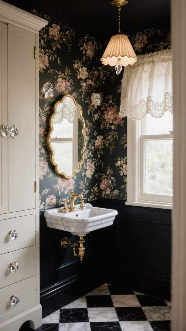 Tight powder room jewel-box shot: walls wrapped in antique-inspired floral wallpaper with a dark ground; a petite wall-mounted marble sink with lace-edged café curtains below a window; a scalloped brass mirror, faceted crystal knobs on cabinetry; a miniature pendant with a pleated silk shade; tiny black-and-white checkerboard floor; photorealistic opulence in a compact space.