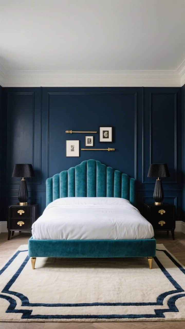 Wide bedroom shot, front view of the headboard wall: midnight navy walls with stepped Deco panel moldings painted to match; plush scalloped velvet headboard in dusty teal; ebony wood nightstands with brass fan pulls; tall ribbed lamps with black shades; cream Art Deco rug with navy borders; satin paint finish for gentle sheen; black-and-brass gallery rails above for curated art; moody, cocooning ambiance.