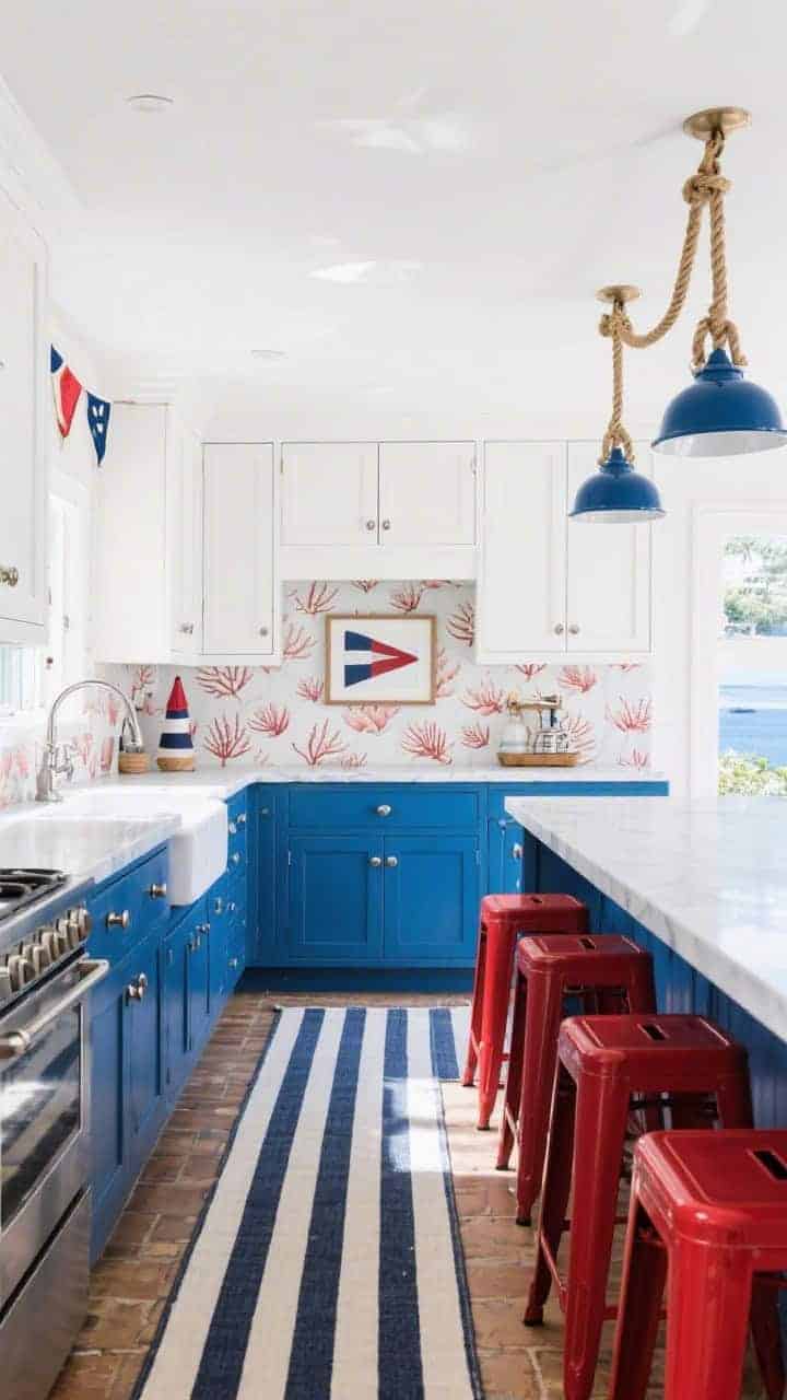 Wide, coastal kitchen straight-on: royal marine blue lower cabinets, crisp white uppers, striped navy runner down a galley floor, rope-detailed pendants overhead, lacquered red stools at a counter, polished nickel hardware, coral-print backsplash or framed signal flags adding nautical punch; bright seaside daylight.