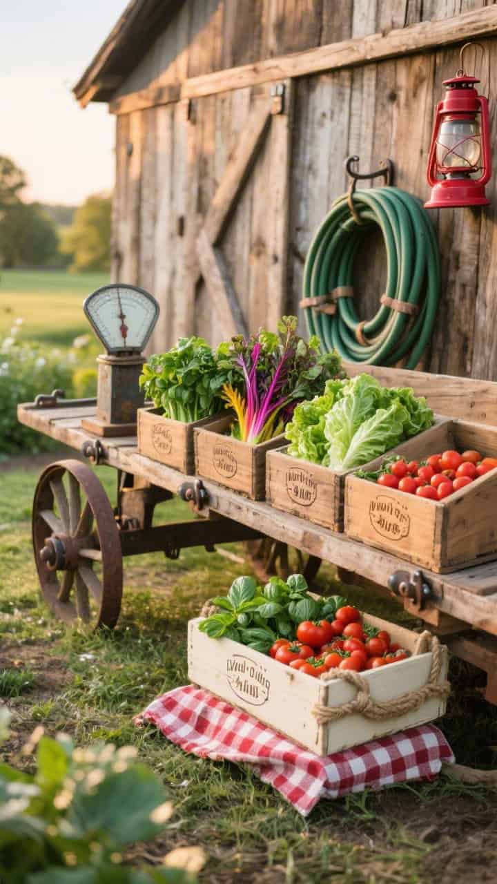 Wide farmhouse garden shot in late afternoon: a raw, rustic barnwood wagon with visible grain and iron brackets, organized with compact veggies and greens—butter lettuce, rainbow chard, cherry tomatoes, and basil—set in vintage fruit crates. Wood-burned labels mark each crate. An old scale rests at one end; coiled garden hoses and a red barn-style lantern add utility and color. A checkered cloth peeks from under a crate like a produce stand. Palette of weathered wood, leaf green, tomato red, and cream; textures of crates, iron hardware, and jute twine. Slight corner angle for depth, natural warm lighting.