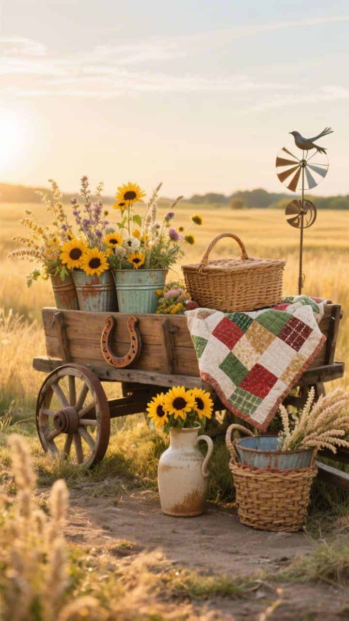 Wide golden-hour prairie scene: a honey oak–stained wagon layered with rudbeckia, echinacea, yarrow, and ornamental oats in mismatched painted tin buckets, textures swaying in warm light. A patchwork quilt drapes over one side; a woven picnic basket nestles in the wagon. On the ground, a ceramic jug brims with sunflowers. A rusty horseshoe decorates the wheel, and a whirligig bird spinner perches at the corner. Palette of honey, sunflower gold, prairie green, and faded red; materials woven baskets, painted tin, quilted cotton. Photorealistic, low sun creating soft flare, gentle corner perspective.