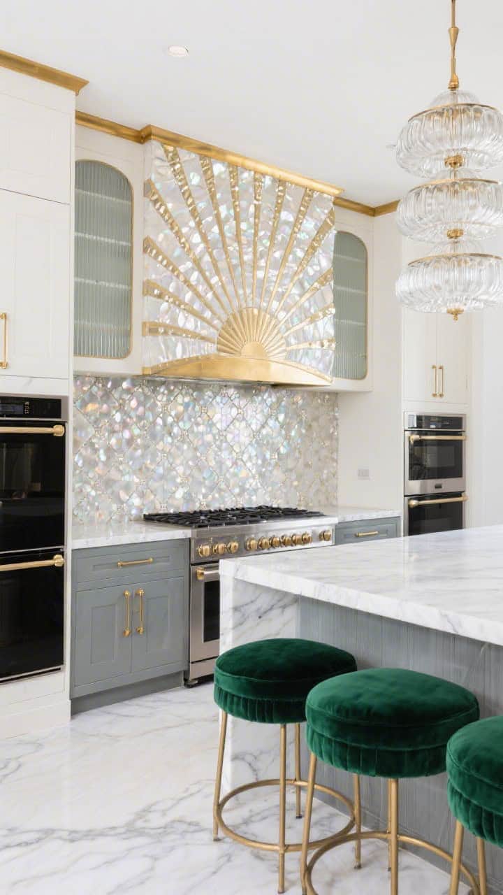 Wide kitchen elevation shot focusing on range wall: bold pearlescent mosaic backsplash in a fan-and-ray Art Deco pattern running counter to ceiling, trimmed with polished brass edging; matte onyx lower cabinets, reeded glass uppers; brass bar pulls; white quartz counters with delicate veining; tiered glass pendant over the island; black stainless appliances; emerald velvet stools at the island for a color pop; crisp, glamorous brightness.