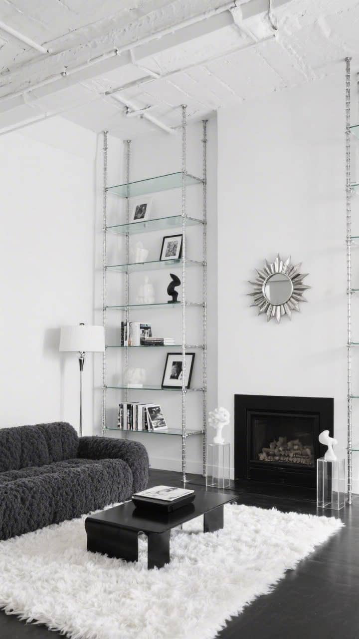 Wide loft shot, slightly low angle: A white-walled monochrome loft bisected by freestanding chrome grid shelving with smoked glass panels, appearing like glittering scaffolding; textures layered with a charcoal boucle sofa, white shag rug, and minimal black lacquer coffee table; a sunburst mirror hangs over a black fireplace; clear acrylic book stands, minimal sculptures, and monochrome photography populate shelves; rod-style floor lamps with chrome bases and drum shades provide crisp illumination; sleek and architectural, no people.