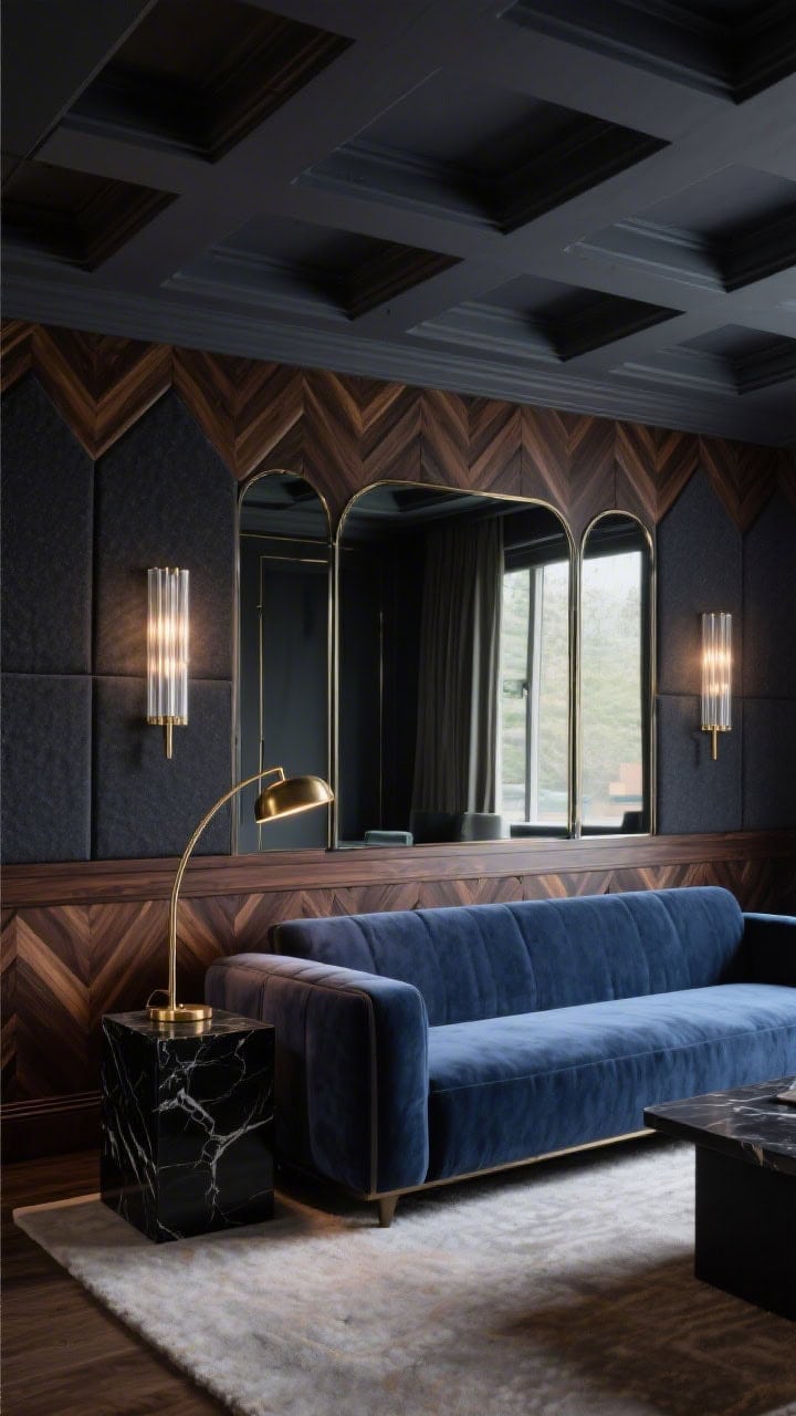 Wide media room shot from a low angle facing the feature wall: smoky mirror panels muted in reflection, framed by espresso-stained oak chevron millwork; low, plush ink-blue velvet seating; black marble side table; brass arc lamp arcing over the sofa; dark acoustic panels painted to match millwork; dimmable sconces with frosted rods for cinema vibes; geometric coffered ceiling in matte charcoal; moody, immersive lighting.