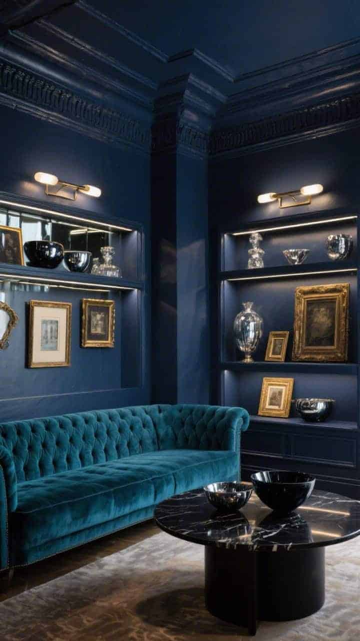 Wide, moody room view: Deep navy built-in shelves with antiqued mirror backs reflecting sparkle and depth; stepped Deco molding on the ceiling painted to match the walls for a cocoon effect; a channel-tufted sofa in peacock velvet and a round black marble table create a conversation pit; mercury glass, brass picture frames, and low obsidian bowls styled on shelves; twin picture lights along the top rail bathe objects in a museum-like glow; reflective, luxurious, no people.