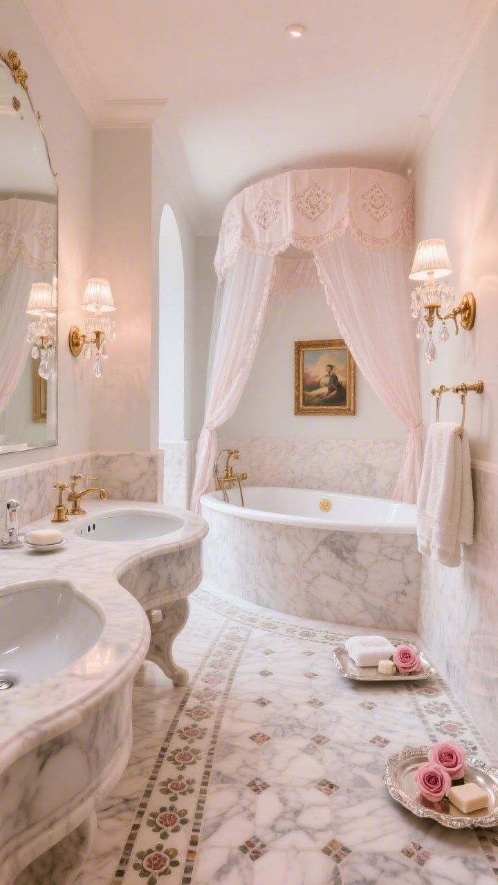 Wide, romantic hotel-bath view: curved marble vanity with ogee edges, paired porcelain undermount sinks, a marble mosaic floor with a subtle floral rosette border, crystal droplet sconces in antique brass casting prismatic light, a tub with a sheer draped canopy overhead, embroidered hand towels, a vintage silver tray with rose-scented soaps, and a small oil painting in a gilt frame; milky white and blush palette, soft glow, photorealistic.