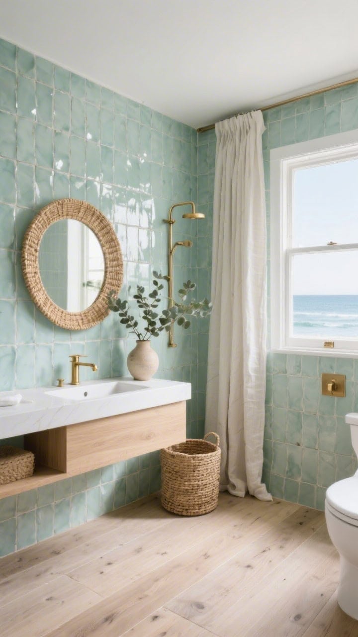 Wide room shot: A coastal spa bathroom wrapped in glossy handmade seafoam green Zellige wall tiles, light bouncing off subtle color variation; floor in wide-plank-look porcelain in driftwood beige; floating white oak vanity with brushed brass faucet; round rattan mirror; linen shower curtain, eucalyptus in a ceramic vase, woven hamper; palette of seafoam, driftwood beige, matte white, soft brass; natural daylight through a window for an airy seaside feel; photorealistic.
