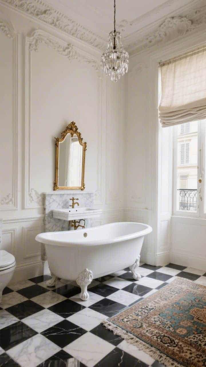 Wide room shot of a classic Haussmann-style bathroom with tall ceilings and crisp wall moldings, a glossy black-and-white checkerboard tile floor, and a pristine white clawfoot tub centered as the focal point; an antique gilded mirror hangs above a petite marble console sink with delicate cross-handle taps; a linen Roman shade filters daylight, a crystal pendant sparkles overhead, and a small Persian rug softens the stone surfaces; photorealistic, refined Paris apartment ambience.