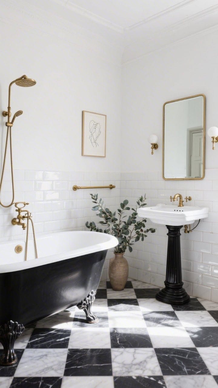 Wide room shot of a classic Parisian bathroom: black-and-white checkerboard stone floors, glossy white subway tiles stacked to the ceiling, a slim cast-iron clawfoot tub with black exterior paint, aged brass cross-handle taps and exposed shower riser, a pedestal sink with a beveled-edge slim brass-framed mirror, petite globe sconces flanking the mirror, a slender brass towel rail, a mirrored wall cabinet, a small framed line drawing on the wall, and a vase of eucalyptus; bright natural daylight, crisp contrast, photorealistic.