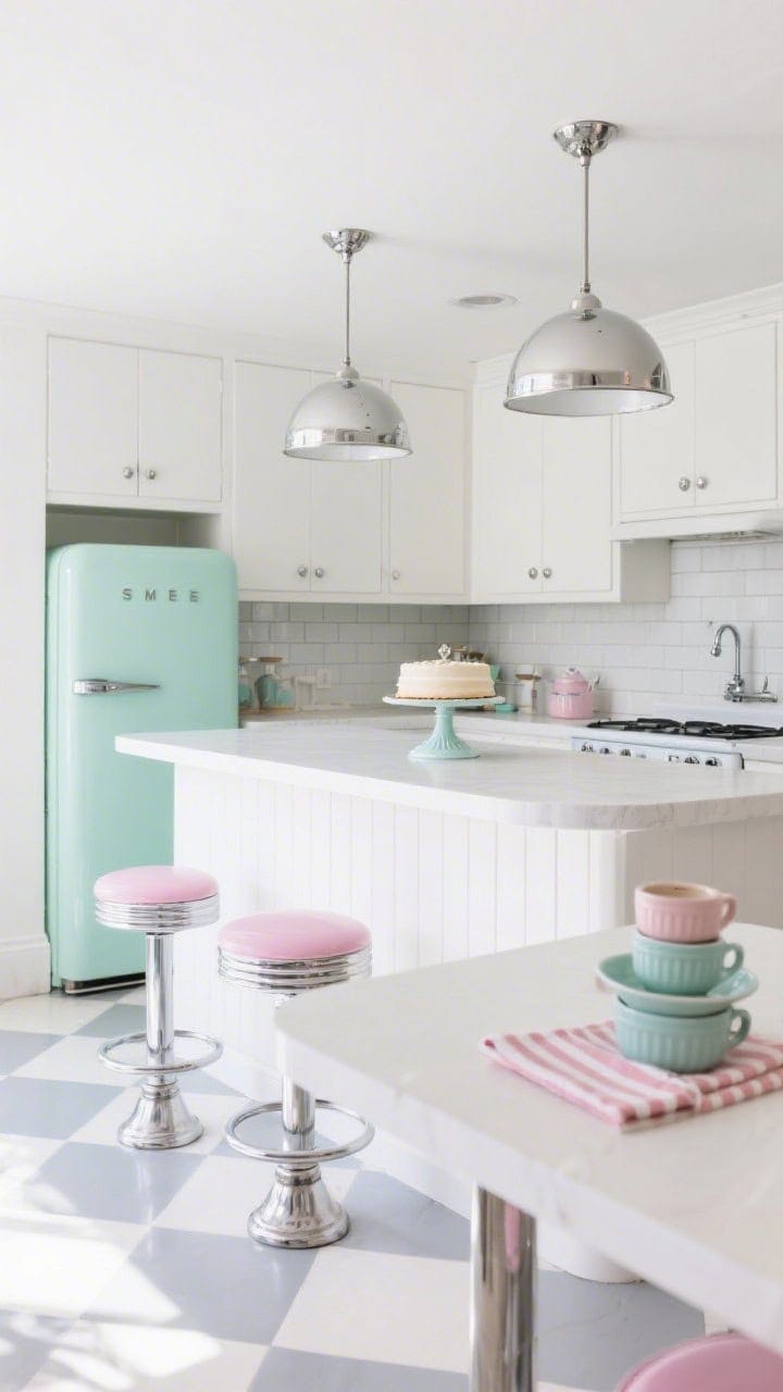 Wide room shot, straight-on view of a soft pastel diner-inspired kitchen: mint-green SMEG-style fridge, powder-pink bar stools at a white island with white shaker cabinets and polished chrome cup pulls/knobs; soft gray-and-white checkerboard floor; skinny white subway tile backsplash with pale-gray grout; pair of chrome dome pendants over the island; rounded-edge white laminate café table with a vintage cake stand, striped tea towels, and a small stack of pastel enamelware; clean, bright natural daylight, photorealistic, playful yet refined