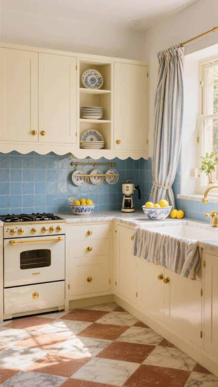 Wide room shot with a gentle side angle of a sunwashed Mediterranean retro kitchen: buttercream cabinets with brushed brass knobs, sky-blue tile backsplash; cream-colored range with brass accents; floor in checkerboard terra-cotta and cream tiles; honed marble or warm subtly veined quartz countertops; open storage with plate racks and scalloped edges; striped café curtains and linen runners; styled with a vintage espresso maker, ceramic lemons, and hand-painted bowls; golden, sunlit atmosphere, photorealistic