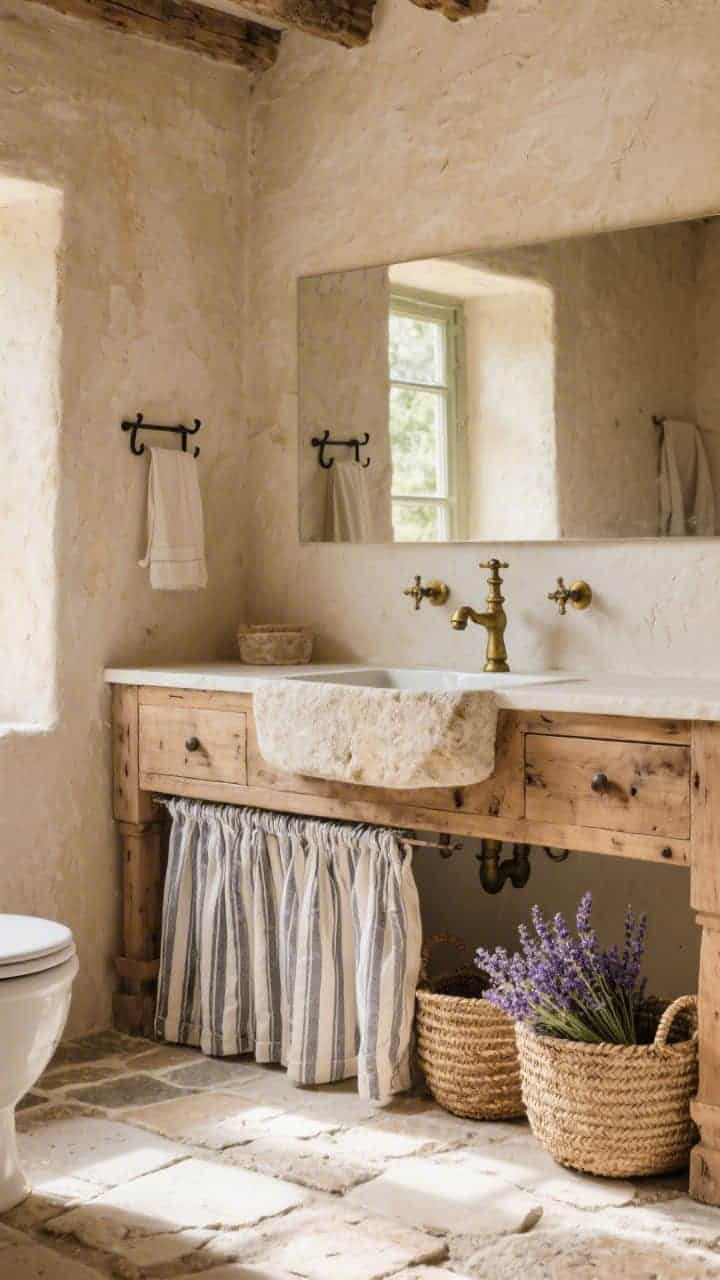 Wide rustic Provençal bathroom scene: tumbled limestone floors and textured plaster walls, a reclaimed oak vanity with an apron-front stone sink; iron hooks with striped linen curtain skirting beneath the vanity; woven market baskets and a small bundle of dried lavender; aged brass taps patinated from use; warm, sunbaked light; photorealistic countryside charm.