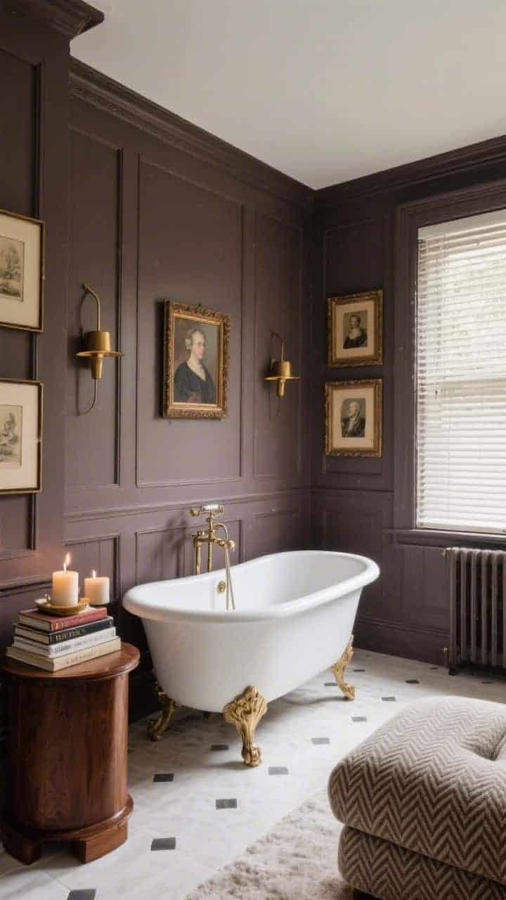 Wide, salon-style bathroom that reads like a sitting room: full wall paneling painted deep taupe with a small vintage portrait grouping salon-style; a freestanding slipper tub centered; a mahogany side table stacked with books and candles; wool herringbone blinds filter light; brass picture lights highlight the artwork; photorealistic, cultured and cozy.