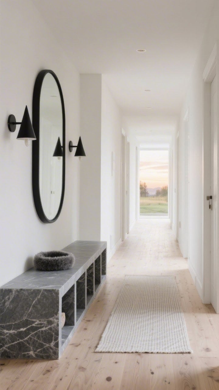 Scandinavian entryway with pale oak flooring and soapstone bench.