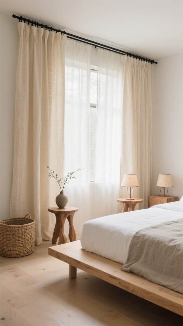 Wide, serene Japandi bedroom, straight-on view: unlined warm ecru cotton curtain panels mounted high and wide on a thin black metal rod, softly filtering morning light; light oak platform bed with crisp white bedding and a stone-colored linen duvet; two sculptural wood stools as nightstands with small rice-paper lamps; accents include a single ikebana vase and a woven storage basket; palette of ecru, oat, pale wood, matte black; elongated, tranquil mood, photorealistic.