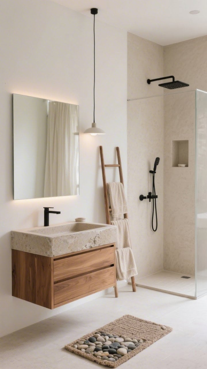 Wide shot: A Japandi-inspired bathroom with matte white walls, a floating warm oak vanity with simple slab drawers, and a rectangular solid-surface trough sink that appears carved from stone; beige microcement-lined walk-in shower with built-in niche and minimal black rain head; frameless mirror with soft backlighting above the vanity; slim linen ladder holding neutral towels; linen-look shower curtain or clear glass panel, pebble bath mat on the floor, and a slimline pendant; palette of cream, warm oak, and black accents; soft, zen lighting; no people, photorealistic.