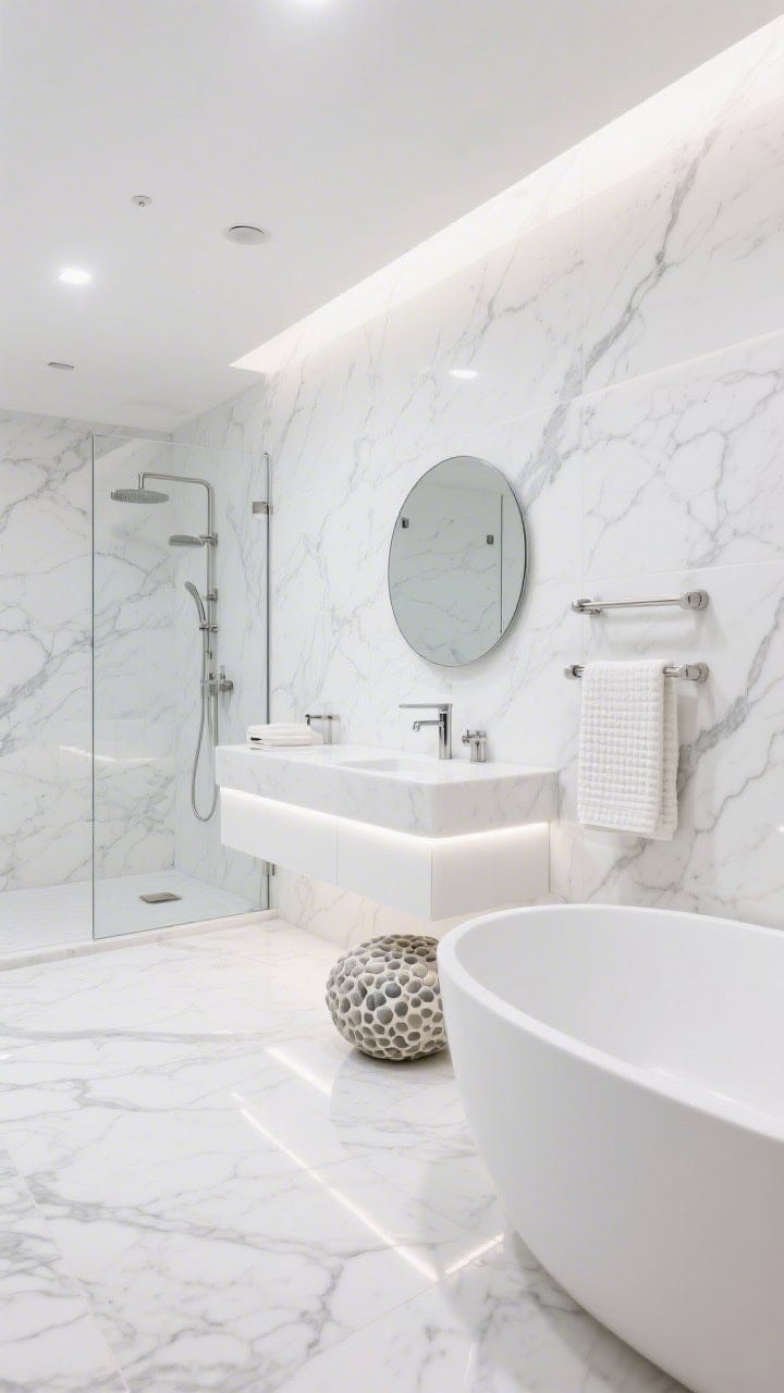 Wide shot: A monochrome marble spa bathroom wrapped floor-to-ceiling in large-format white marble porcelain with subtle gray veining; glossy white wall-hung vanity floating over undercabinet LED lighting; brushed nickel fixtures throughout; frameless glass shower enclosure; sculptural freestanding pebble-like tub; oversized round mirror and heated towel rail with neatly hung waffle cotton towels; palette of white, soft gray, brushed nickel; bright, airy, spa-like illumination; no people, photorealistic.