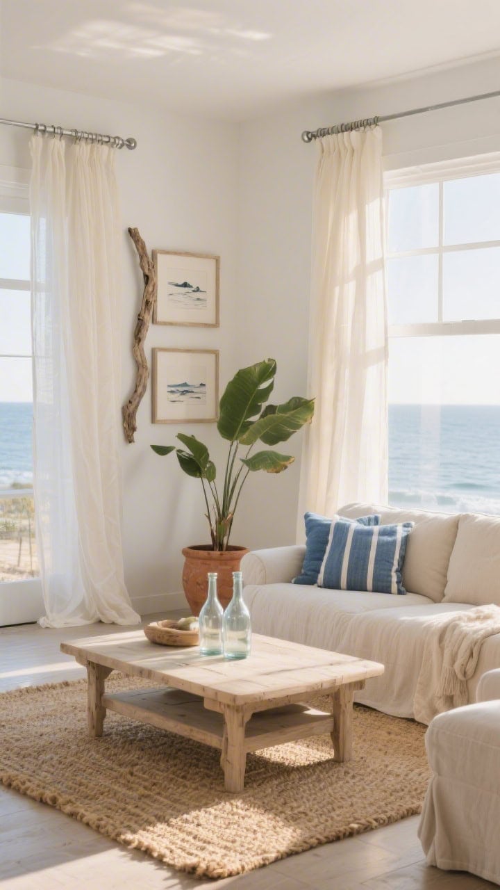 Wide shot, airy coastal living room at golden-hour light: floor-to-ceiling sheer linen curtains in creamy off-white gently brushing the floor on brushed nickel rods with simple rings, soft sunlight diffusing to make white walls glow; sand-colored slipcovered sofa with indigo-striped pillows, woven seagrass rug, bleached oak coffee table styled with glass bottle vases; framed coastal sketches on driftwood-toned walls, a large leafy plant in a weathered terracotta pot; palette of white, sand, driftwood, and indigo; photorealistic, calm sea-breeze vibe, no people.