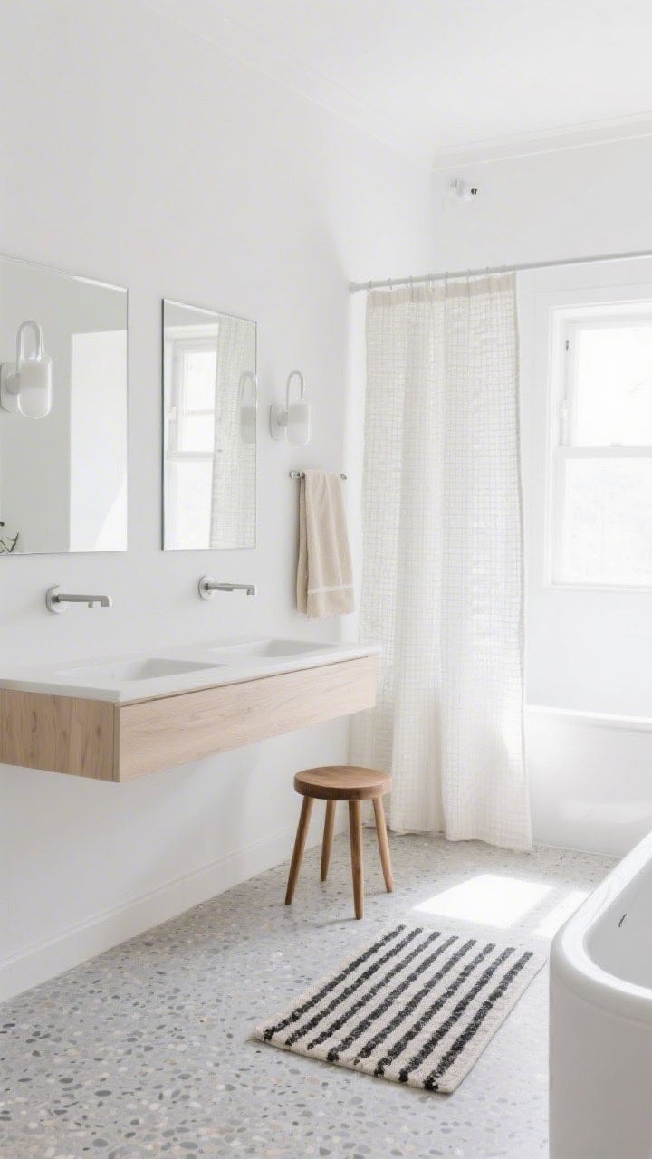 Wide shot: Airy Scandinavian bathroom with soft white walls, a wide light-grey terrazzo floor, and a pale ash/birch flat-slab vanity; slimline white opal glass sconces flank a simple mirror; a waffle cotton shower curtain, low teak stool, and a single linen wall hanging add warmth; brushed steel or white powder-coated tiny handles nearly disappear; cream towels with a black-stripe bath mat for gentle contrast; bright natural morning light, photorealistic.