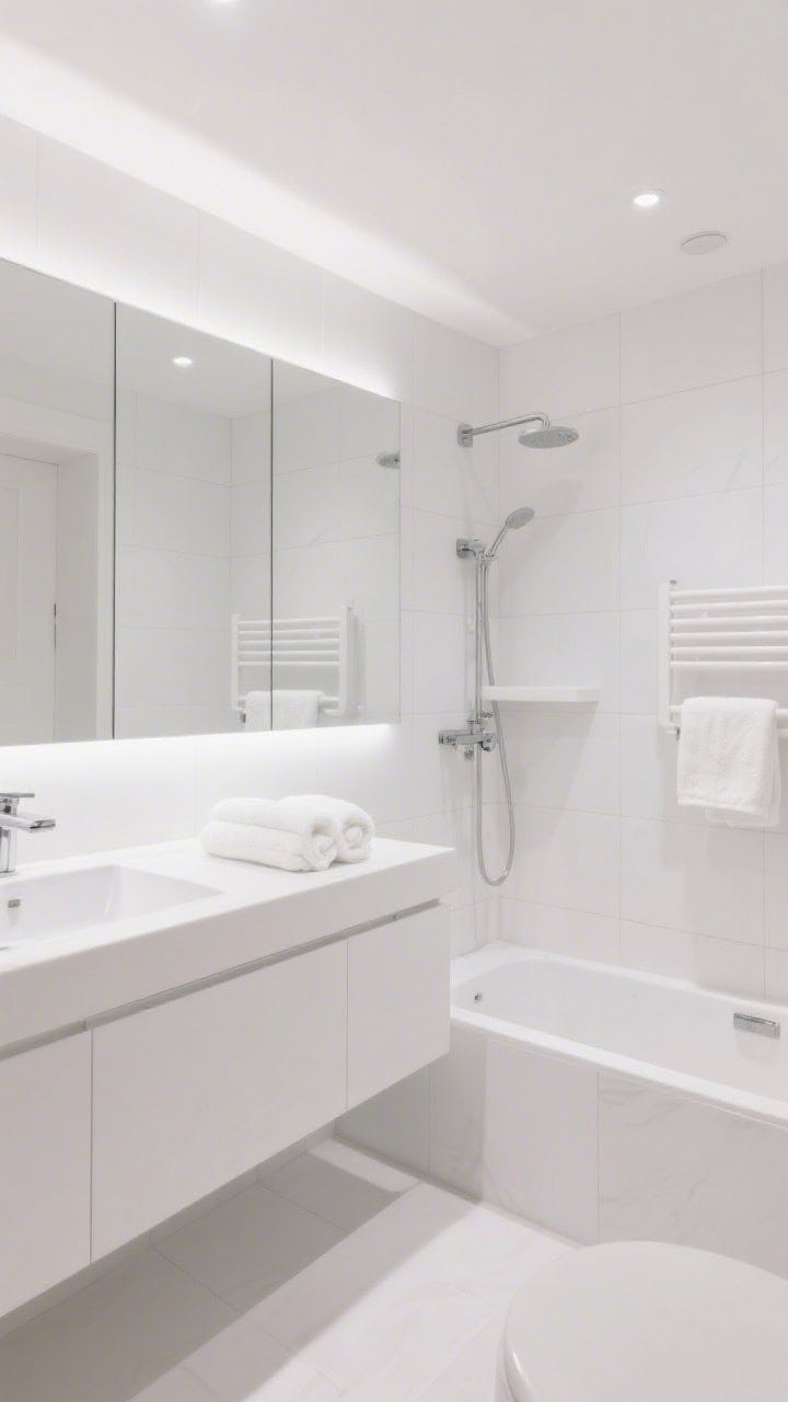 Wide shot: All-white hotel-luxe bathroom with pure white walls and tiles, a zero-profile shower base, and a wall-to-wall mirrored cabinet above a white floating vanity; ultra-thin edge pulls and invisible hinges; a recessed shower shelf perfectly aligned with grout lines; perimeter cove lighting creates a soft halo; fluffy bright white towels and a white heated towel rail blend seamlessly; pristine, photorealistic.