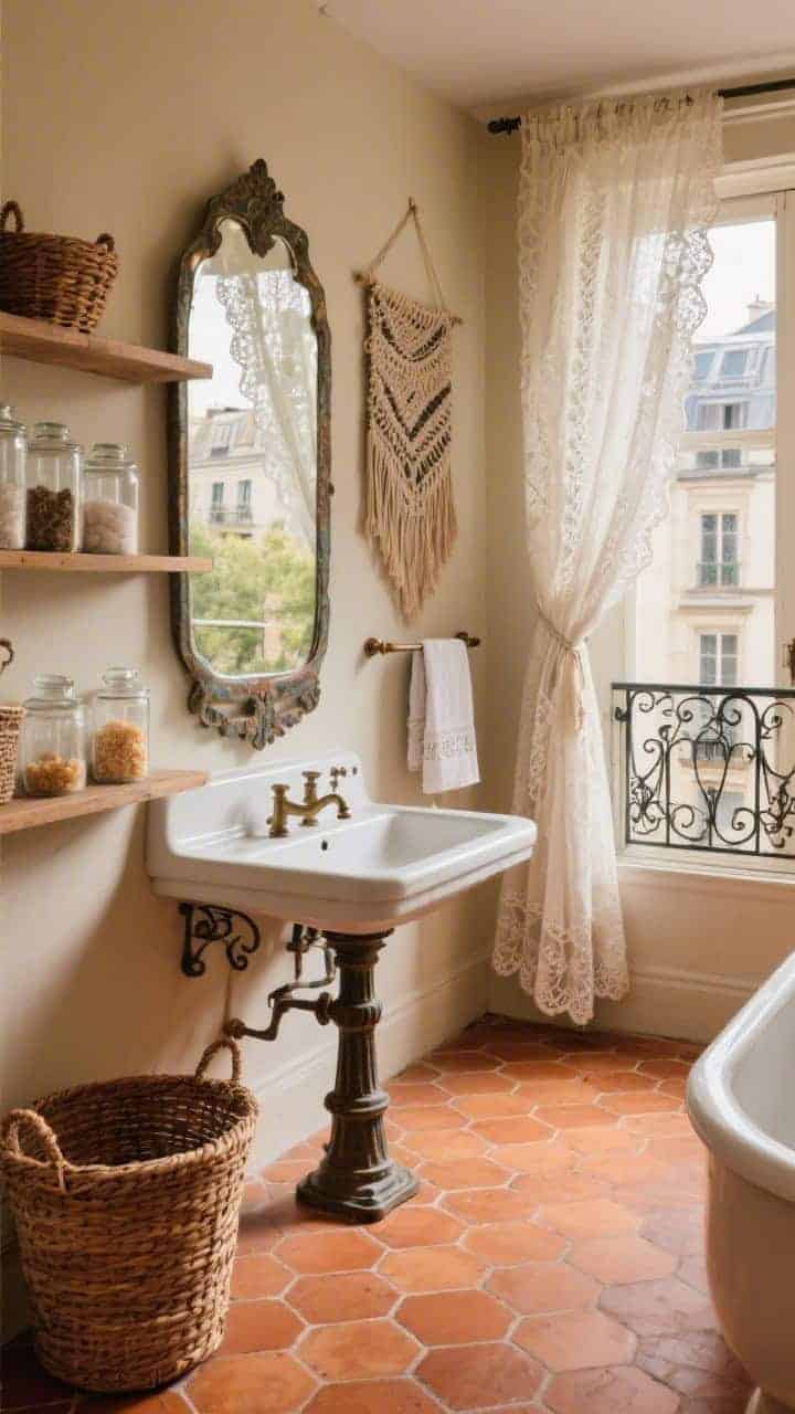 Wide shot, angled: Bohemian Montmartre bath with terracotta hex floor tiles, a cast-iron pedestal sink, and a lace-trimmed café curtain at the window filtering soft light. Patinated mirror above the sink; open shelves with wicker baskets; a handwoven wall hanging. Oversized glass apothecary jars of bath salts and a wrought-iron towel rack evoke Parisian balconies. Warm, earthy palette.