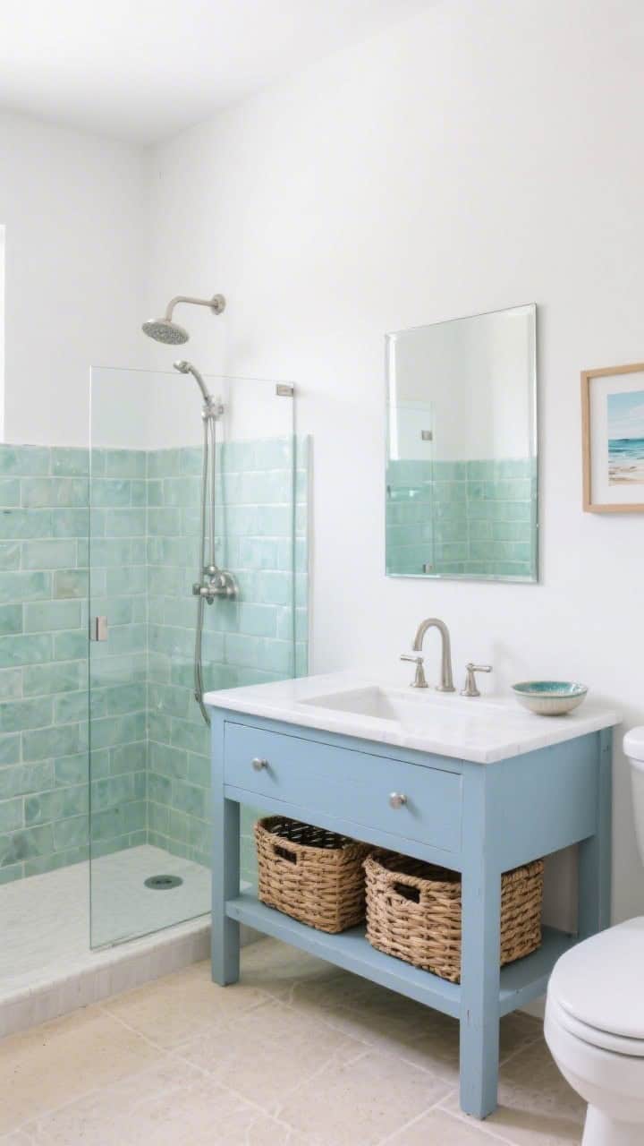 Wide shot: Coastal calm bathroom with a chalky blue vanity, soft white walls, and sand-toned floor tiles; the shower features pale sea-glass green stacked-bond tiles behind clear glass; brushed nickel fixtures with slim profiles; a frameless rectangular mirror above the vanity; woven baskets tucked beneath a simple open shelf; one ceramic dish on the counter and a single coastal art print with a wide mat; bright, gentle daylight, photorealistic.
