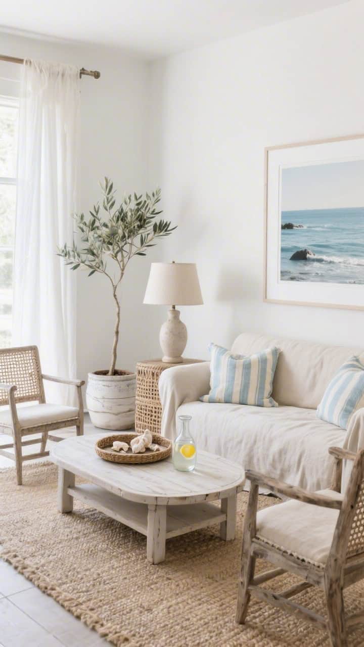 Wide shot, Coastal Linen Calm living room: a slipcovered linen sofa in soft sand facing a bleached wood coffee table with rounded corners on a jute rug; two weathered oak armchairs with airy caning flank the scene. Palette of white, oat, driftwood, and foggy blue. Oversized framed coastal photography with white mats on crisp white walls. Striped cotton throw pillows in pale blue and cream on the sofa; a woven tray on the coffee table holding seashells and a glass carafe of lemon water. Rattan floor lamp, ceramic table lamps with linen shades, and a potted olive tree in a whitewashed planter. Sheer white curtains pooling slightly at the floor, natural morning light, photorealistic, corner angle.