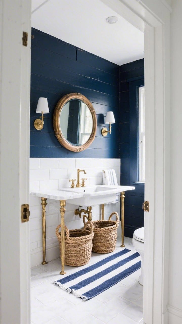Wide shot from doorway: Nautical bathroom featuring a navy shiplap feature wall contrasted with bright white tile elsewhere, a console sink with brass legs gleaming under polished brass sconces, a porthole mirror centered above the sink, rope-trimmed baskets for storage, and a navy-and-white striped runner anchoring the floor; crisp, preppy vibe; palette navy, white, brass; clean, even lighting.