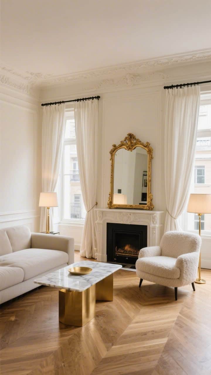 Wide shot, Modern Parisian living room: creamy walls with crown molding and herringbone wood floors, a vintage gilded mirror above a fireplace, low-profile sofa and a boucle accent chair around a marble-and-brass coffee table, ivory linen curtains hung a few inches below the ceiling and mounted wide beyond the window frame on matte black rods with simple pinch pleats, panels drawn back to bathe the room in buttery natural light and lightly pooling at the floor, warm brass lamps glowing softly; color palette ivory, soft beige, black, antique gold; photorealistic, straight-on perspective.