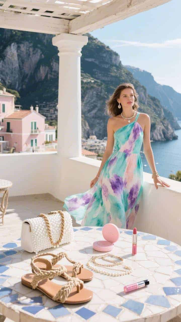 Wide shot on a Capri terrace with pastel buildings and dramatic cliffs in the background: a breezy watercolor-print dress in aquas, lilacs, and blush (halter/one-shoulder) sways from a pergola beam. On a mosaic-topped table: rope-detailed sandals, a white beaded clutch, and dainty layered necklaces arranged artfully. Soft pink blush compact and glossy lip tube catch sunflare. Bright, airy, resort-luxe mood. Photorealistic, corner angle.