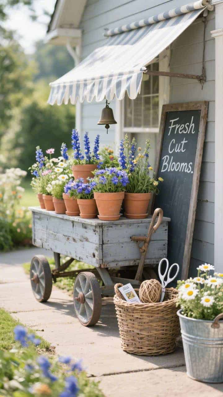 Wide shot, outdoor garden path scene at midday: a weathered gray wooden vintage wagon parked near a front path, stacked with terracotta pots overflowing with cornflowers, cosmos, snapdragons, and daisies. A mini chalkboard leans against the side with hand-lettered “Fresh Cut Blooms.” Galvanized metal buckets and a wicker basket filled with twine, vintage scissors, and seed packets sit on and beside the wagon. A striped canvas awning shades the display, softening sunlight. Palette of soft grays, clay terracotta, cornflower blue, and buttercream; textures of distressed wood, galvanized metal, and wicker. Finishing touch: a small bell hanging from the wagon handle. Photorealistic, straight-on perspective.