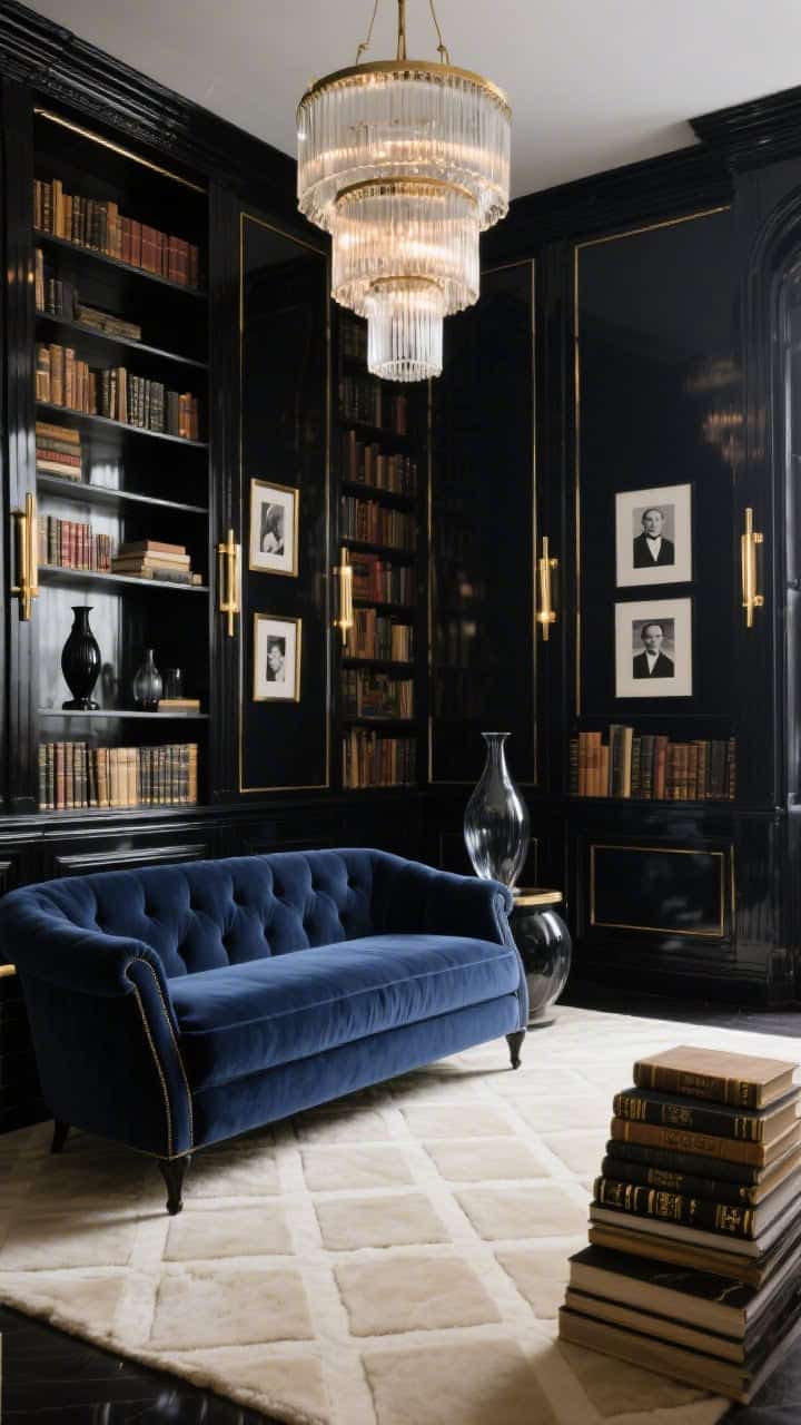 Wide shot, photorealistic: A grand 1930s-inspired library with floor-to-ceiling black lacquer shelves featuring thin brass inlays framing each shelf; a midnight blue tuxedo-style velvet sofa faces a plush cream geometric rug; overhead, a tiered glass chandelier glows, while slim brass picture lights clip along the shelving; accents include smoked glass vases, black-and-white photography, and stacks of hardcover classics with gilt edges; palette of black, brass, midnight blue, and cream; moody, reflective surfaces, no people.