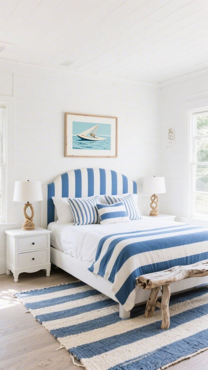 Wide shot, photorealistic “Beach Bungalow Stripe Story”: white walls, varied stripes throughout—pinstriped upholstered headboard, wide-striped blue-and-ivory cotton rug, cabana-striped throw pillows and a ticking stripe accent; painted white nightstands, rope-detailed table lamp, weathered driftwood bench at the foot; nautical art and a vintage surf print on the wall; palette white, indigo, pale blue, driftwood; bright coastal daylight; playful yet calm composition.