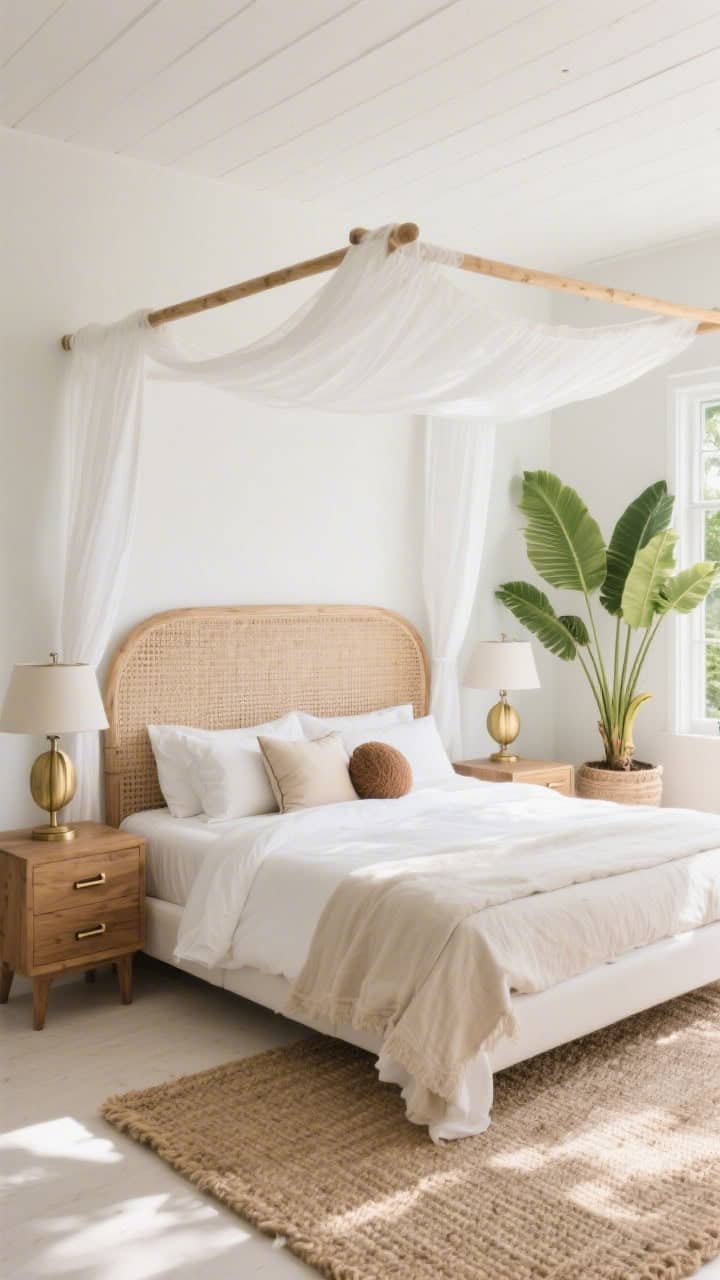 Wide shot, photorealistic “Breezy Tropical Neutral”: caned headboard, natural teak nightstands, white voile canopy panels draped loosely from a simple ceiling rail, oyster cotton bedding with coconut-hued pillows, sisal rug anchoring the space, subtle island greenery with a large potted palm by the window and banana-leaf–inspired lamps; matte brass pulls on furniture; bright, filtered daylight; palette coconut, sand, teak, white; airy, island-calm mood.