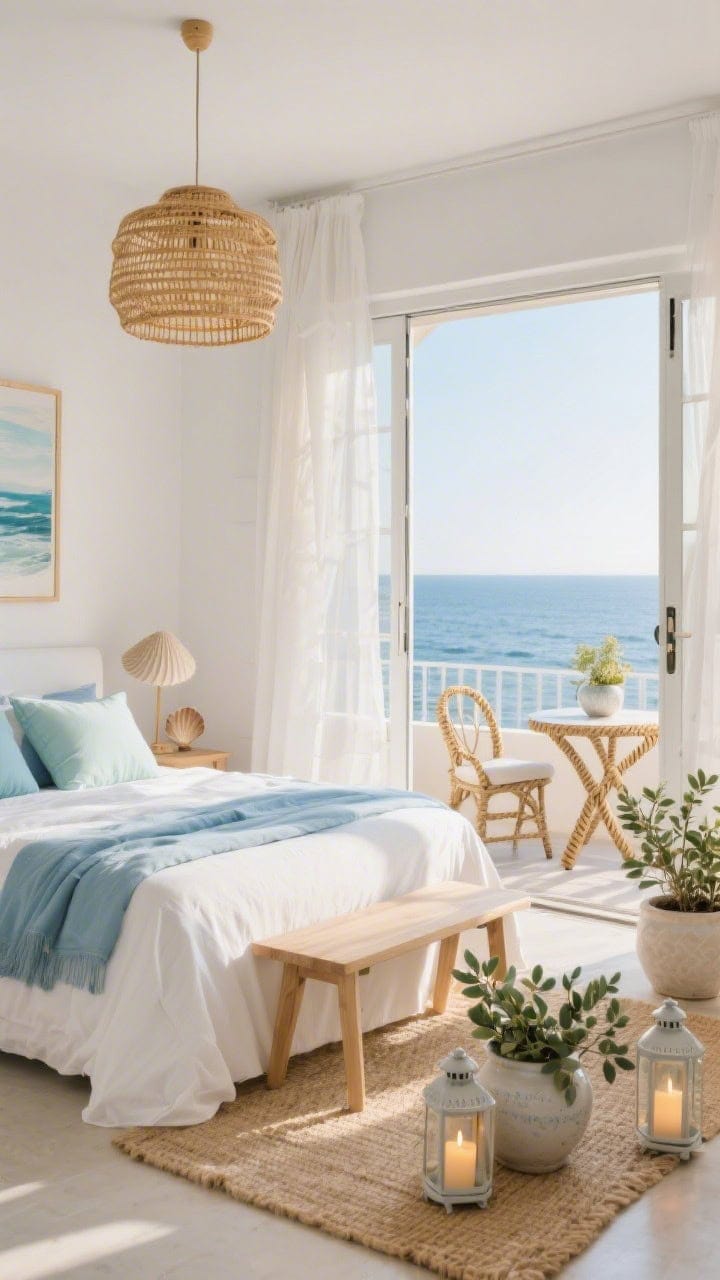 Wide shot, photorealistic coastal bedroom opening to a balcony: white walls, white linen upholstered bed with layered sky-blue and seafoam pillows, soft sand-colored rug, light oak side tables, airy sheer curtains drifting with a breeze from open sliding doors. On the balcony: rope-wrapped bistro set, ceramic planters with silvery-green olive/eucalyptus, outdoor jute rug, lanterns with soft candlelight. Include a rattan/woven pendant light, shell-inspired lamp, oceanic artwork. Golden morning light, uncluttered, sunlit, holiday calm.