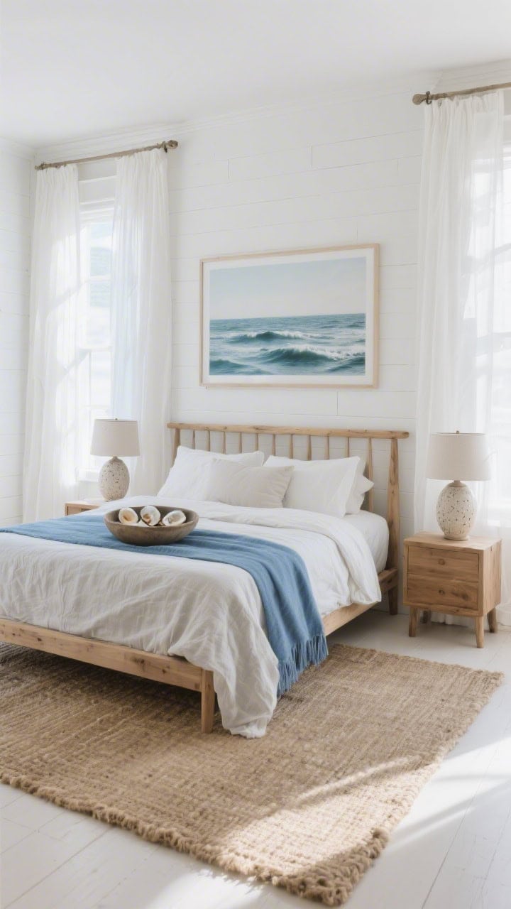 Wide shot, photorealistic “Coastal Linen Retreat”: a serene bedroom with whitewashed walls, natural oak bed frame, oyster-toned linen bedding with a slightly crinkled finish, a sky-blue throw at the foot, sheer white drapes glowing with soft morning light, a large jute rug underfoot, ceramic table lamps with sandy textures on oak nightstands, and a big framed print of quiet ocean waves above the bed; include a bowl of collected shells on the nightstand; palette of white, driftwood, oyster, and sky blue; textures linen, jute, ceramic, unfinished wood; airy seaside mood.