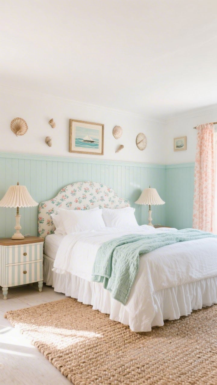 Wide shot, photorealistic “Quiet Coastal Grandmillennial”: lower walls clad in pale seafoam painted beadboard with warm white above, bed upholstered in a small-scale floral, flanked by skirted nightstands in a soft ticking stripe; crisp white bedding with a seafoam quilt folded at the end; pleated scallop lampshades on lamps, vintage coastal art and framed antique shells on the walls; braided jute rug grounding the space; gentle summer light; palette seafoam, warm white, pale coral accents.