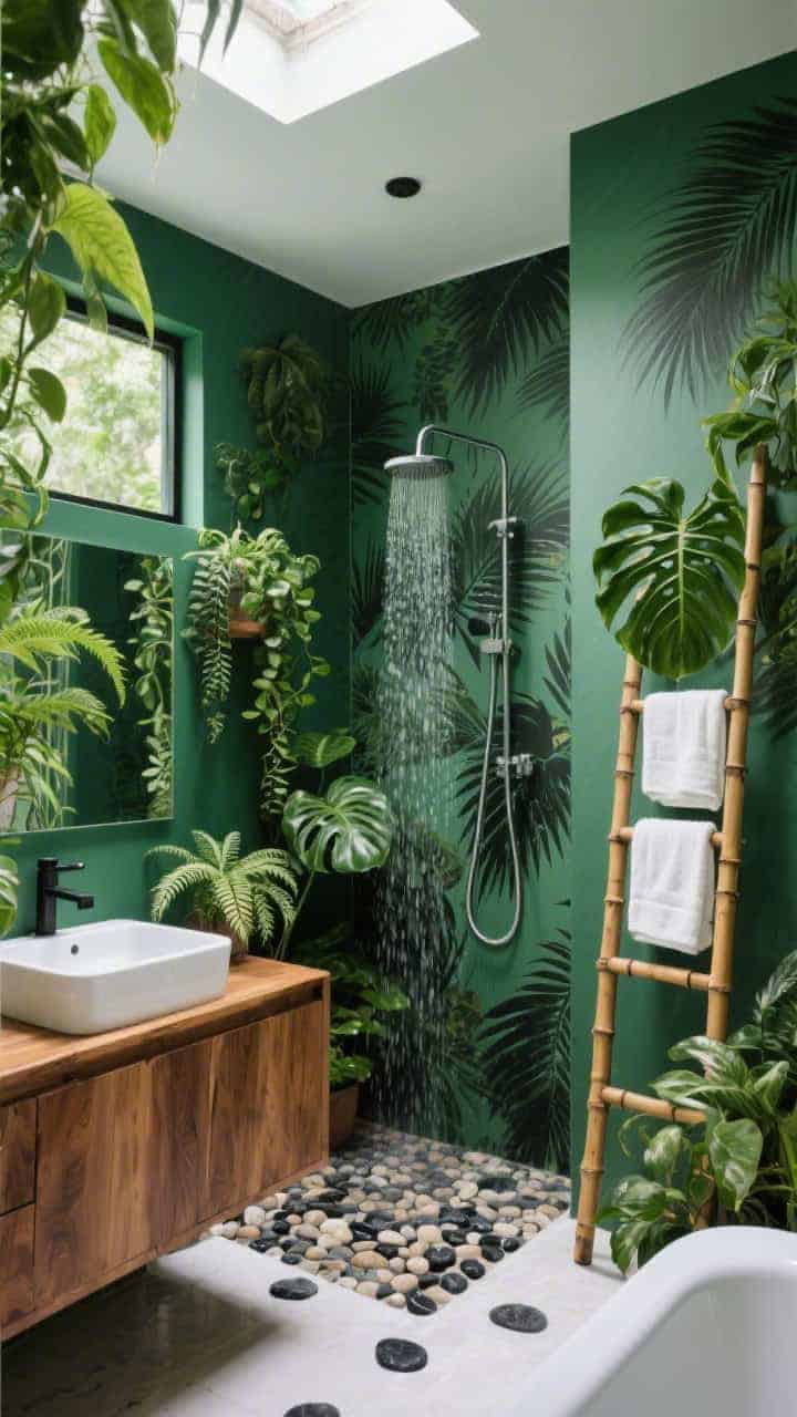 Wide shot, slight low angle: Lush tropical bathroom with deep green walls (or palm-print wallpaper accent), a teak vanity, pebble shower floor leading to a rainfall showerhead, plentiful plants including ferns, pothos, and a monstera, a bamboo ladder propped with towels, white and black accents kept minimal; ambient, humid, natural daylight filtering in; palette emerald, teak, white, black; photorealistic greenery focus.