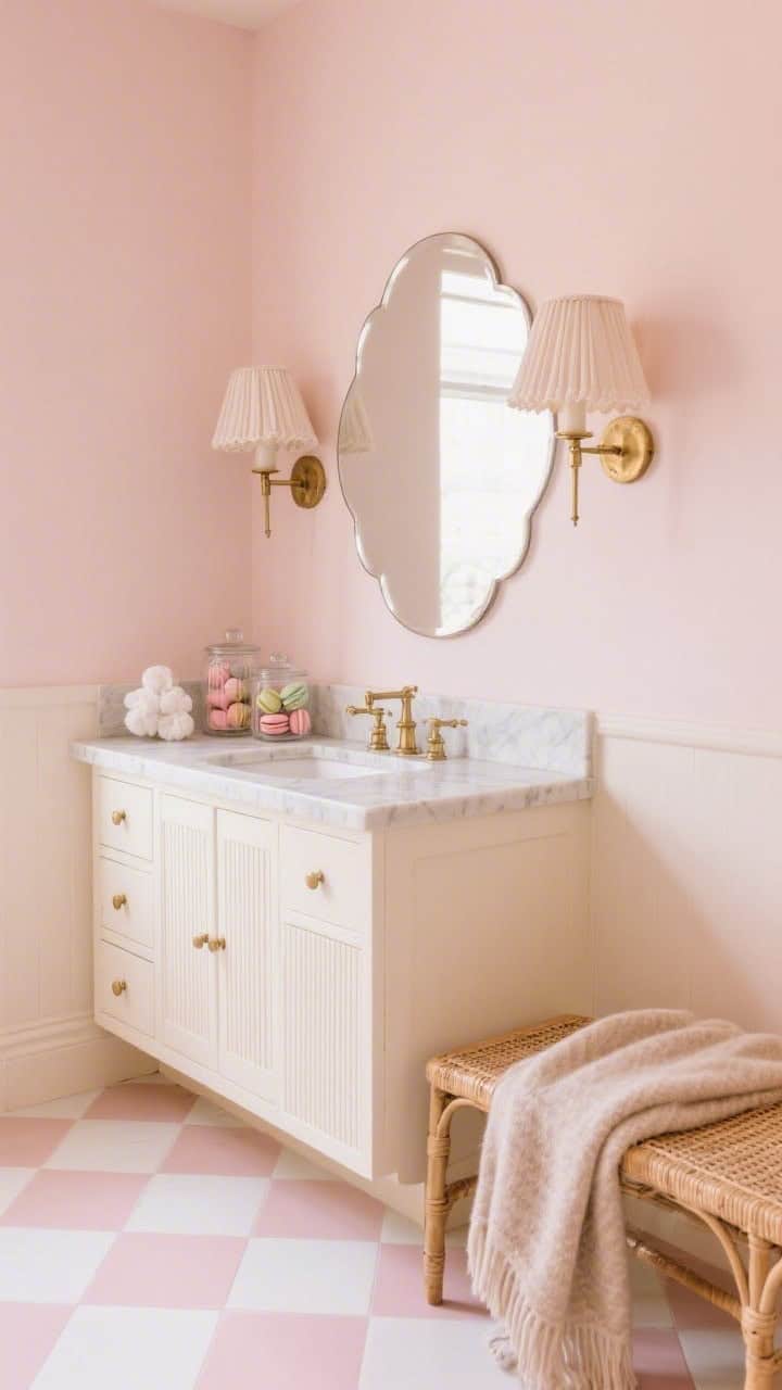Wide shot, soft and sweet: Pastel patisserie bathroom with the softest blush walls, a cream vanity with reeded drawer fronts, and a pale marble counter. Brass sconces with pleated fabric shades flank a scalloped-edge mirror. The floor is blush-and-cream checkerboard ceramic. Style with a glass jar of macaron-colored bath bombs, ribbed glass canisters with cotton rounds, and a cane bench with a folded cashmere throw. Warm, bakery-box palette, gentle lighting.