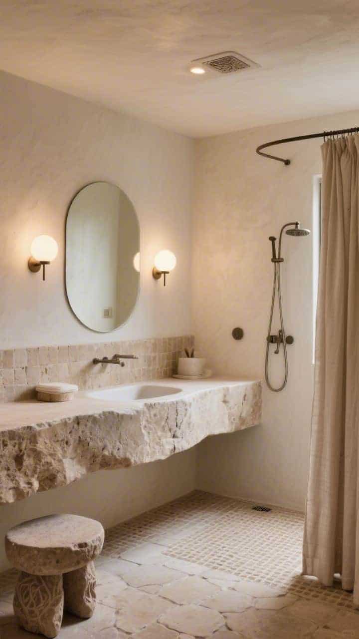 Wide shot: Stone sanctuary bathroom featuring a limestone-look large slab running across the vanity wall and forming a curved, integrated sink for seamless continuity; shower with beige stone mosaic floor and smooth plaster walls; warm, low lighting from pill-shaped sconces flanking a soft-edged mirror and a dimmable ceiling spot; concealed drains, a hand-carved stone stool, and a linen shower curtain; palette of beige stone, taupe, warm white; tranquil, meditative ambiance; no people, photorealistic.