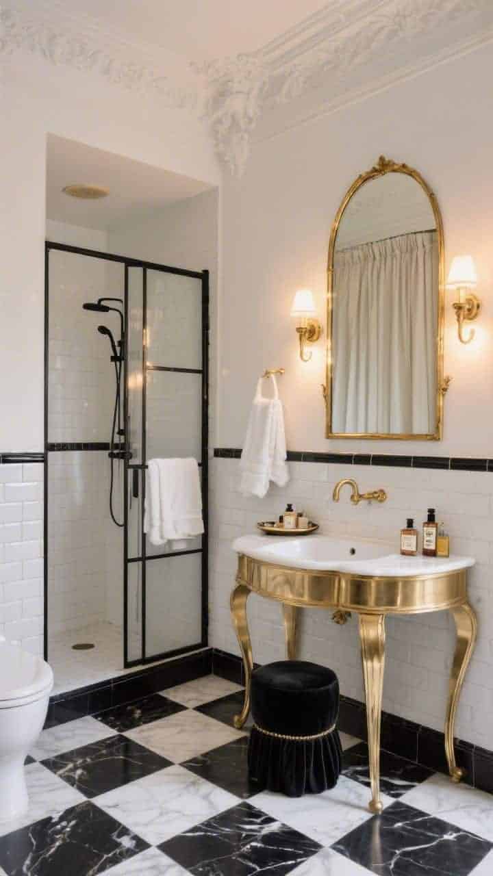 Wide shot, straight-on: A classic Parisian bathroom with black-and-white checkerboard marble floor, white subway tile with dark grout up to the ceiling, a curvy brass console sink glowing under soft warm sconces, and an arched gilded mirror reflecting the light. Include a black-framed shower screen, plush white towels, a tiny tray with vintage perfume bottles, a crisp linen roman shade, and a small black velvet stool. Photorealistic, polished brass highlights, elegant Haussmann glamour.