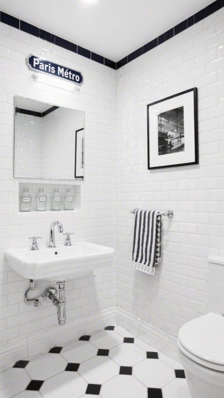 Wide shot, straight-on: A monochrome “Paris Métro” bathroom fully wrapped in white subway tile to the ceiling with a slim charcoal border. White hex tile floor with a crisp black keyline. Streamlined chrome fixtures, a rectangular bevel-edged mirror, a tiled niche shelf holding apothecary-style glass bottles. Add a crisp striped towel and a single framed black-and-white photograph. Bright, clean lighting, chrome reflections.