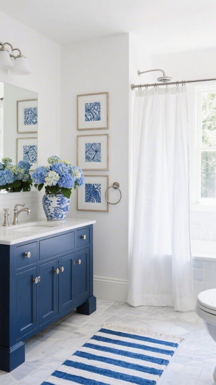Wide shot, straight-on: Breezy blue-and-white bathroom with soft sailcloth white walls, a navy vanity with polished nickel hardware, a striped blue-and-white rug centered on the floor, framed indigo Batik prints in a tidy grid, sleek nickel shower rings visible on a white curtain, and a large ginger jar used as a vase for lush hydrangeas; classic, summery, upscale feel; crisp daylight; palette white, navy, indigo, nickel.