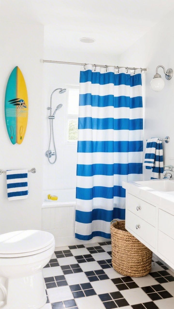 Wide shot, straight-on: Sunny cabana-inspired bathroom with clean white walls, a bold cabana-striped shower curtain in cobalt blue, black-and-white tiled floor in a graphic pattern, hookless curtain rings for a sleek line, simple chrome globe sconces, a woven hamper beside the vanity, striped hand towels, and a splashy surfboard-themed art print; playful, vacation-ready energy; bright, high-contrast lighting.