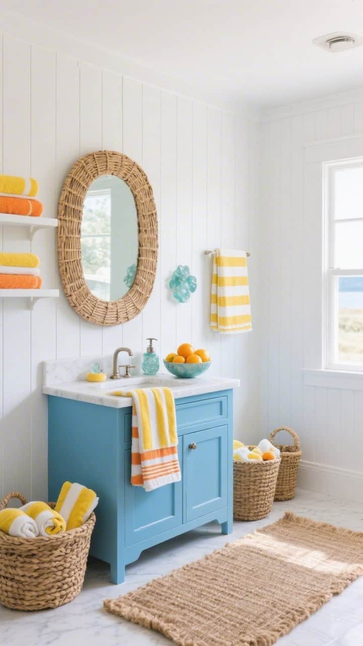Wide shot, straight-on view: A photorealistic coastal bathroom with white beadboard walls and a sky-blue vanity topped with simple white quartz, striped Turkish towels in lemon and tangerine draped over a rattan-framed mirror and stacked on open shelves, a long jute runner on the floor, woven baskets holding rolled towels, a sea-glass soap dispenser on the vanity next to a bowl of fresh citrus, bright natural daylight streaming in, textures of beadboard, jute, rattan, and sea glass emphasized; palette of white, sky blue, lemon, and tangerine; no people.