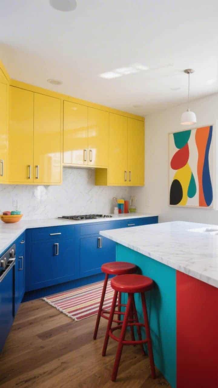 Wide shot, straight-on view of a Color-Blocked Pop Kitchen: matte cobalt blue base cabinets paired with sunny yellow upper cabinets, glossy white quartz countertops, brushed stainless pulls, red and teal color-blocked stools at a peninsula, a striped runner on the floor, and large abstract wall art in complementary shades; bright daytime lighting, clean lines, high-contrast, photorealistic.